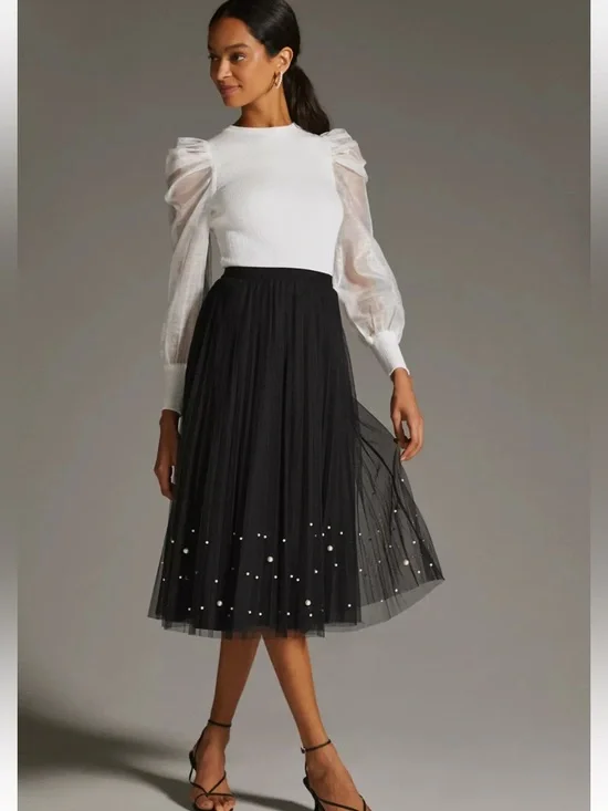 ANTHROPOLOGIE DOLAN SHEER PUFF SLEEVE BLOUSE RIB SWEATER TOP WHITE Size Large - Picture 2 of 10